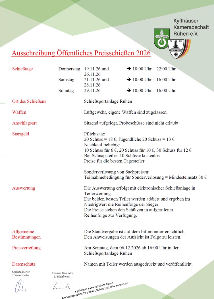 Ausschreibung Schweinepreisschießen 2026 Ruehen MA